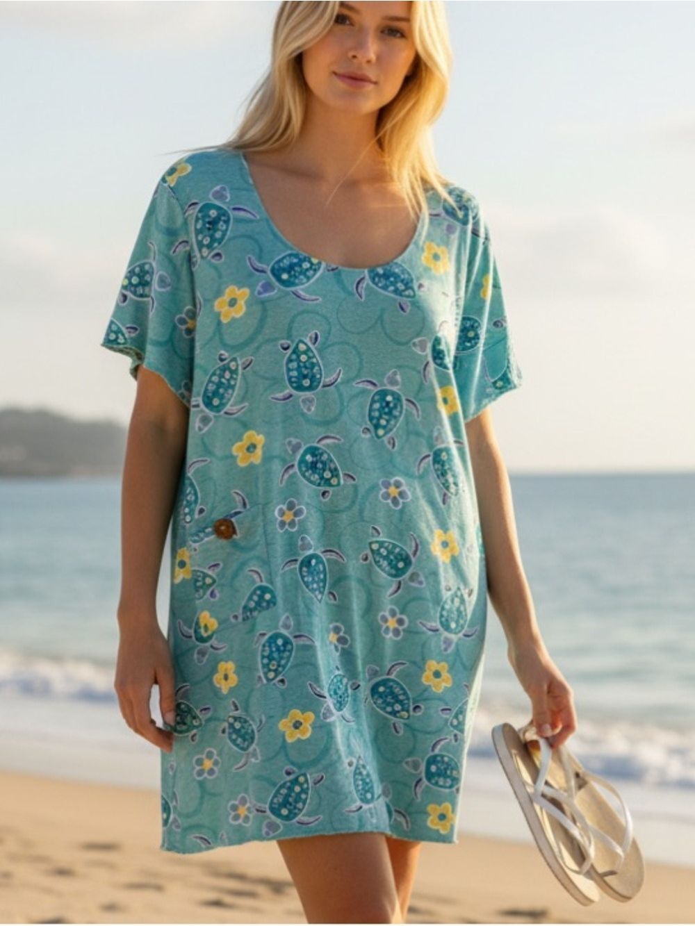Lulu-B Beachtime 100% Cotton Aqua Sea Turtle Print T-Shirt Dress Coverup XL